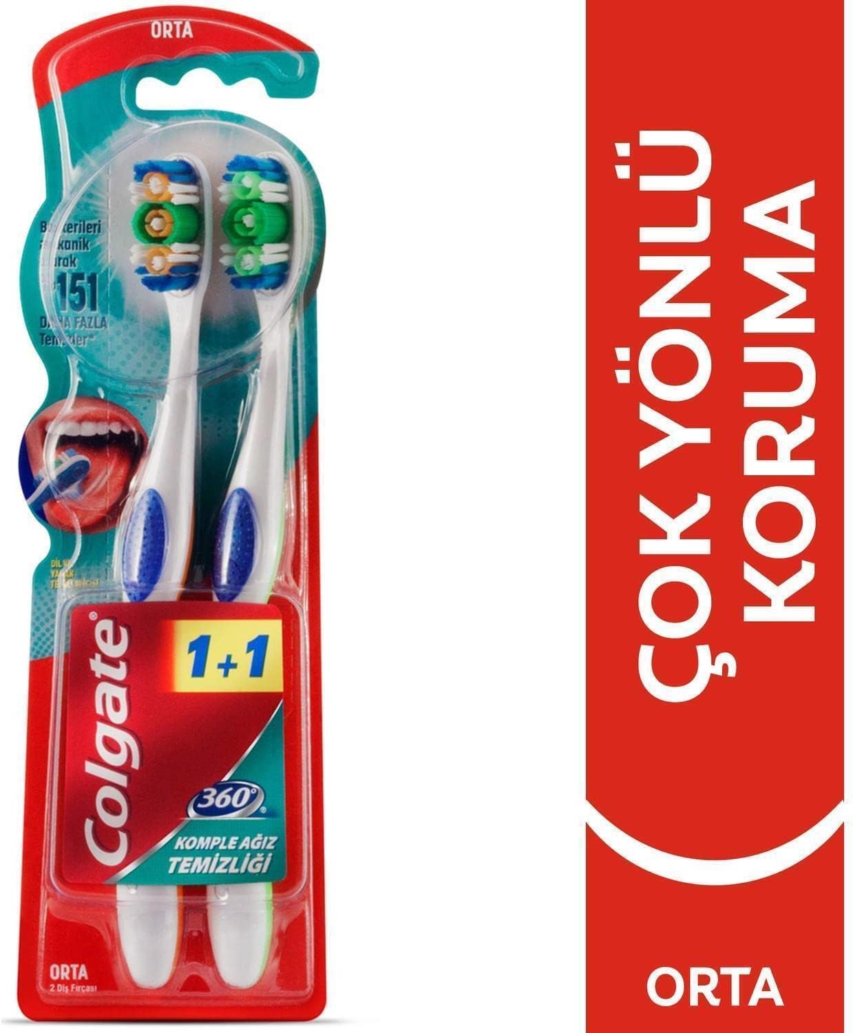 Colgate 360 Komple Ağız Temizliği Çok Yönlü Koruma Orta Diş Fırçası 1+1