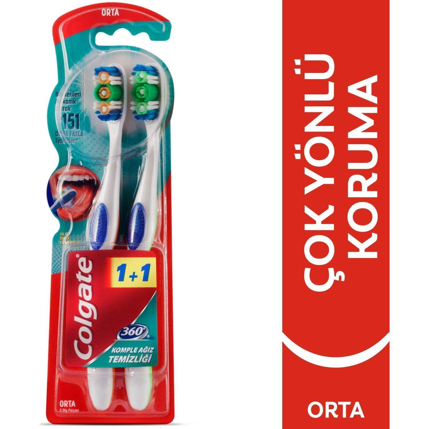 Colgate 360 Komple Ağız Temizliği Çok Yönlü Koruma Orta Diş Fırçası 1+1