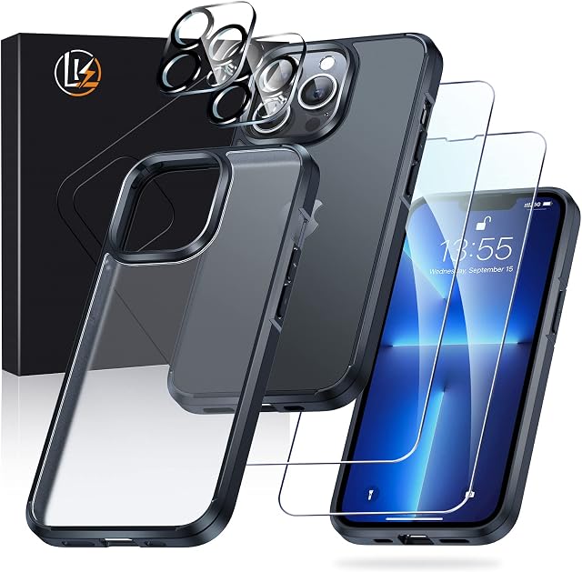 LK for iPhone 13 Pro Case, [Military Shockproof Protection] [Anti-Yellowing] + 2 Tempered Glass Screen Protectors & 2 Camera Protectors, Hard Back and Soft TPU Bumper -Translucent Matte Black 6.1''