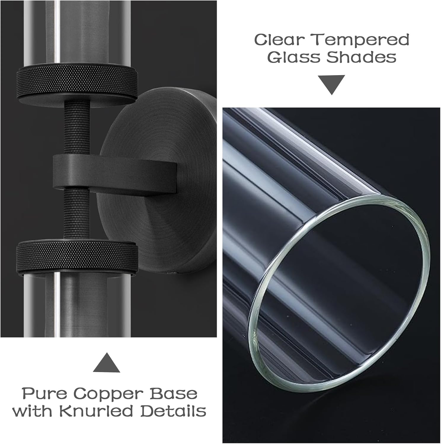 Black Wall Sconces Hardwired, 30" Bronze Wall Sconce for Bathroom, Linear Sconces Wall Lighting, 2-Light Knurled Wall Sconce Dimmable, Vanity Light with Tube Glass, Bathroom Light Fixtures over Mirror