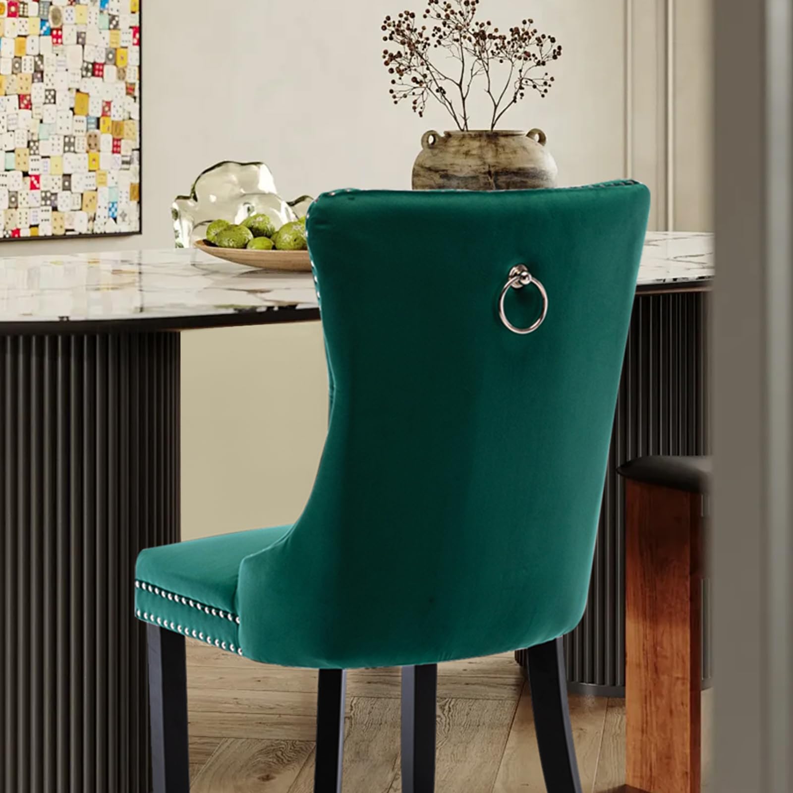 Lot de 6 chaises de Salle à Manger rembourrées en Velours de Style Moderne avec Garniture en tête de Clou et Pieds en Bois, Anneau de Traction en métal pour Salle à Manger, Salon (Vert)