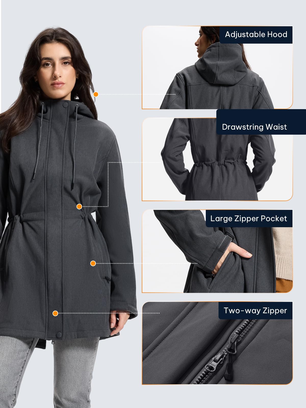 SaphiRose PONCHO Damen Regenjacke Wasserdicht Lange Softshelljacke mit Kapuze Übergangsjacke mit Atmungsaktiv Futter Regenmantel Windbreaker Jacke Leicht für Frühling Sommer und Herbst