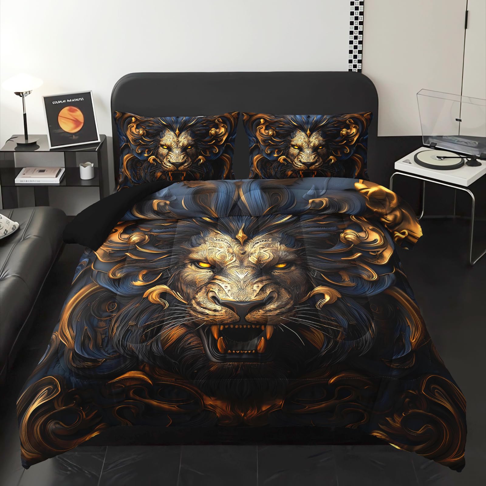 Black and Gold Lion Comforter Set Queen Bed Set，Lion Animal Print Bedding Queen Size，with 1 Comforter with 2 Pillow Case，Animal Themed Bedroom Decor