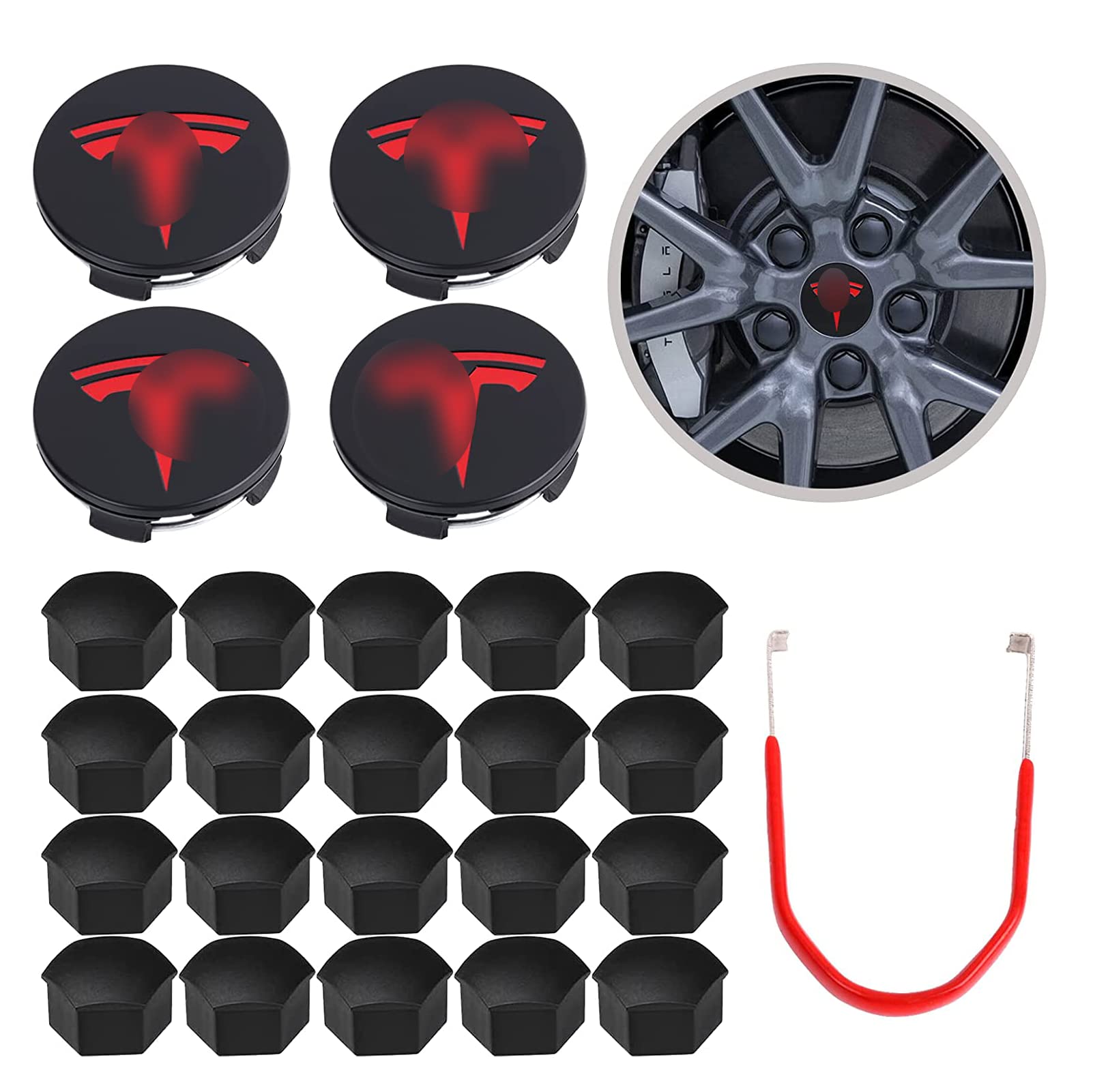 Black&Red Car Wheel Center Hub Cap Kit Center Cap Lug Nut Cover Compatible for Tesla Model 3 Model S Model X with 4 Hub Center Caps + 20 Lug Nut Covers