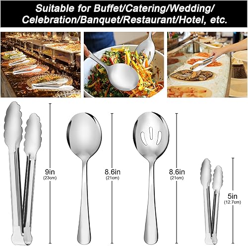Miniatura 2 de Juego de 12 utensilios de acero inoxidable para servir, cucharas grandes para servir, cucharas ranuradas, pinzas para servir, pinzas de aperitivo,