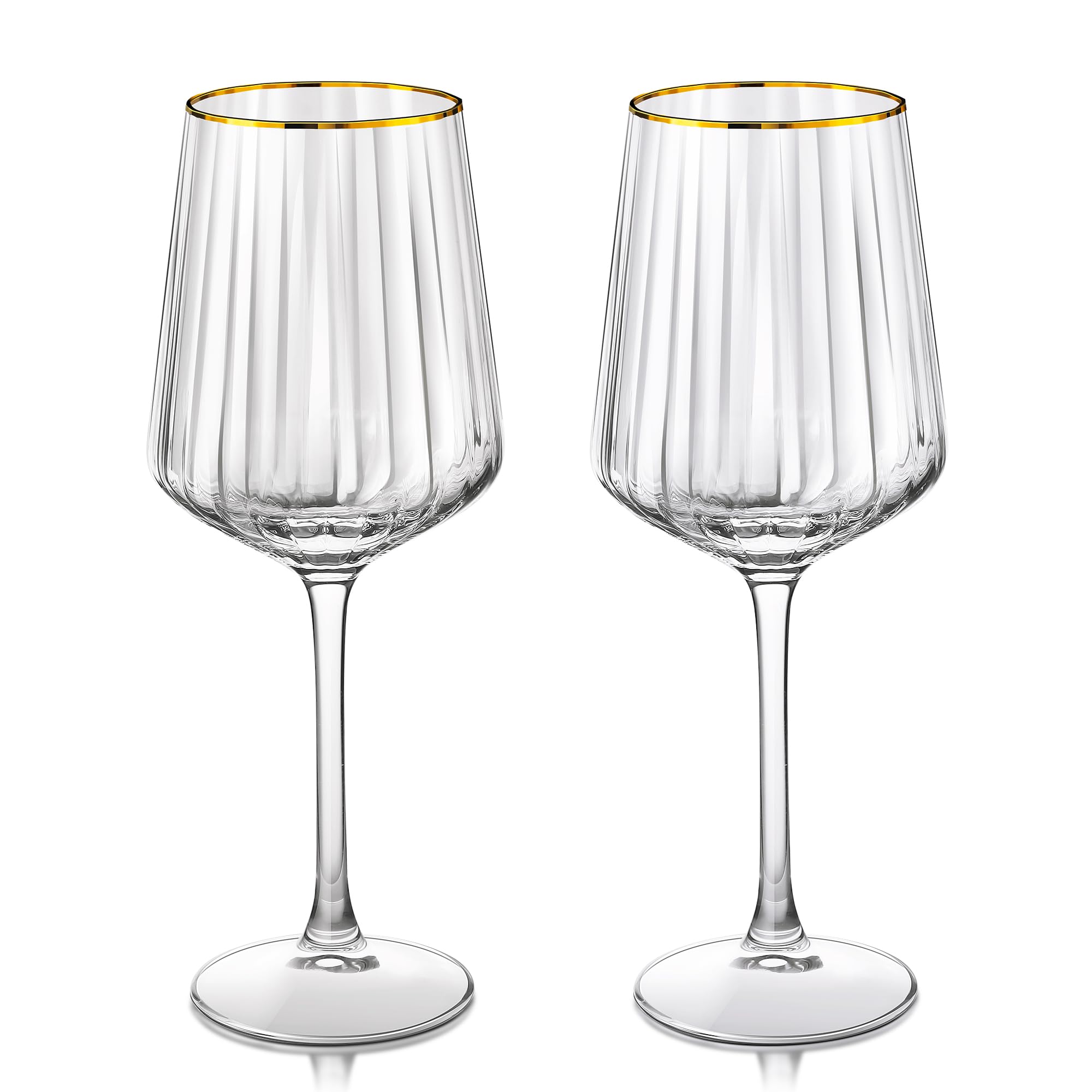 Joeyan Hand-Blown Crystal Wine Glasses for White and Red, Gold Rimmed Ribbed Goblet Drinking Glasses, Stemmed Wine Glass Tumbler Cup Gifts for Birthday Wedding Christmas Party, 560ML, Set of 2