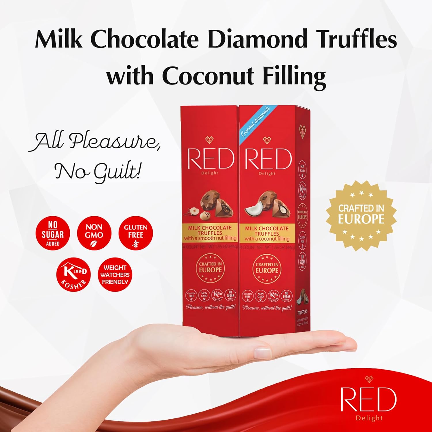 Red Delight Milk Chocolate Diamond Truffles Variety Pack - 1.55 oz, Pack of 10 - Assorted Truffles with Coconut and Nut Fillings - European-Made, No Added Sugar - Gluten-Free, Kosher