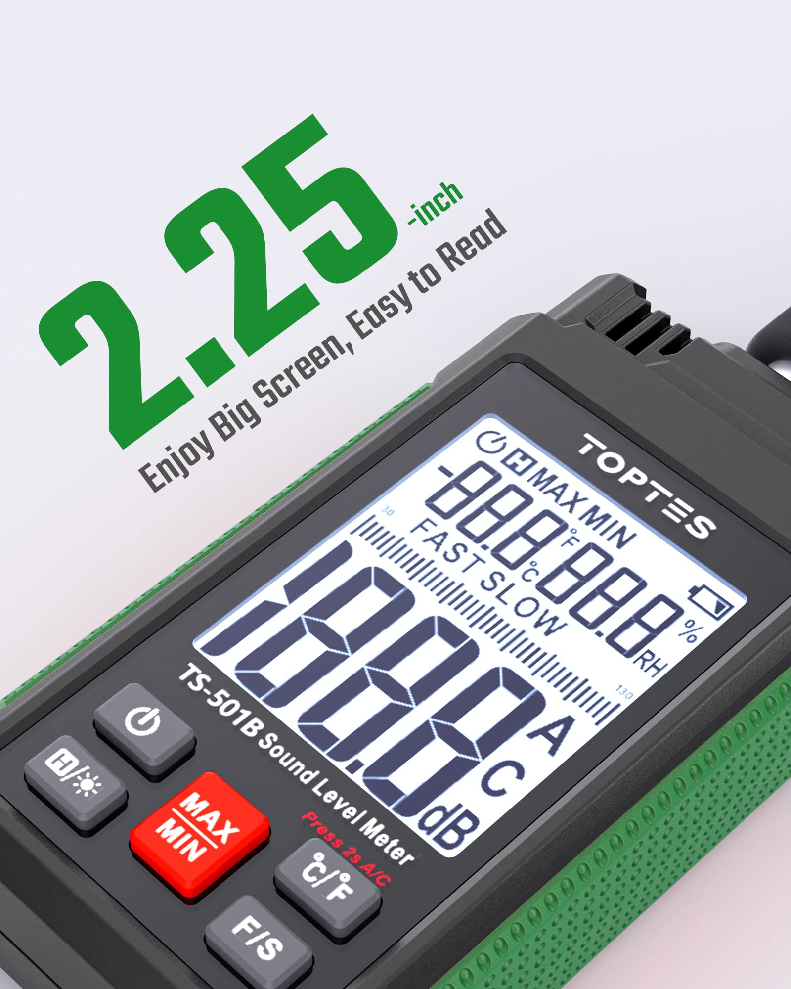 Decibel Meter, TopTes TS-501B Sound Level Meter with 2.25” Backlit LCD Screen, A/C Weighted, Range 30-130dB, Temperature & Humidity, MAX/MIN, Data Hold, Use for Home, Noisy Neighbor, Factory - Green — Amazon image 3