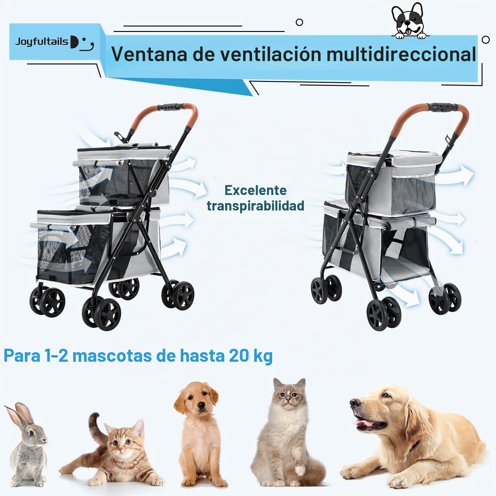 Carrito para Perros Doble Asiento; Carro Plegable 20KG con Freno Seguro y 4 Ruedas - Transporte Cómodo para 2 Perros o Gatos; gris