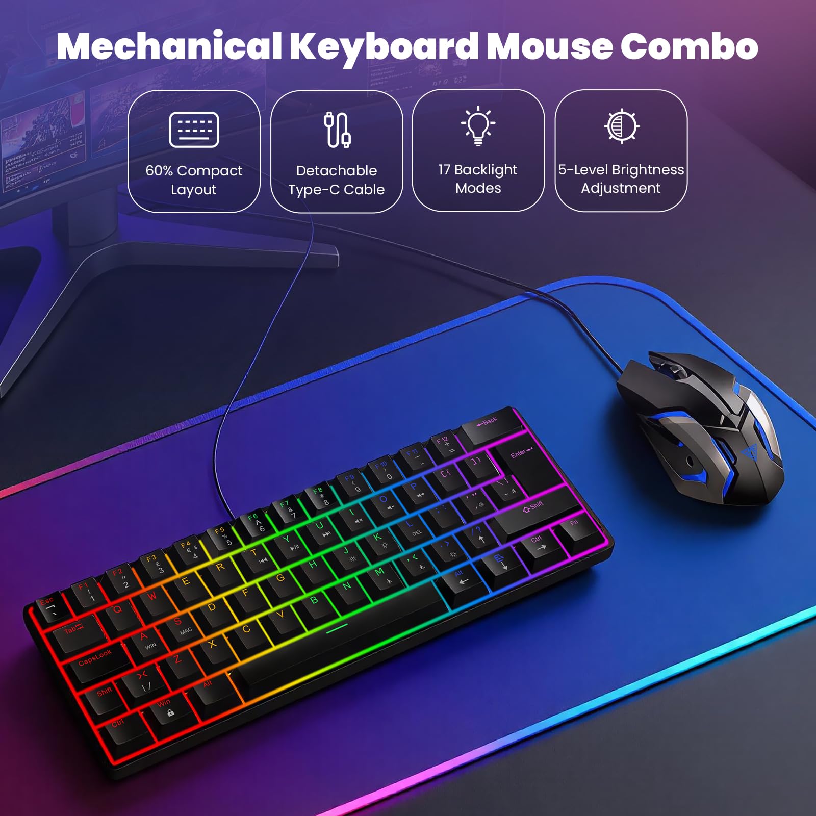 LAMA Combo clavier et souris mécaniques à 60 % pour les jeux, disposition britannique, 61 touches
