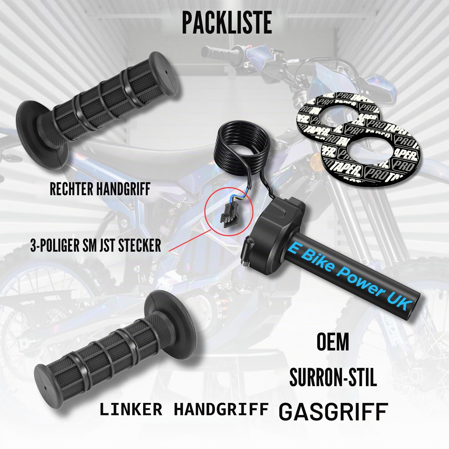 E-Bike Full Twist Throttle Gasgriff Gaszug, schwarze Griffe, Waffelgriff, passend für 3-polige SM-JST-Stecker, DIY EBike Surron, Motocross 12 V, 24 V, 36 V, 48 V, 52 V, 60 V, 72 V
