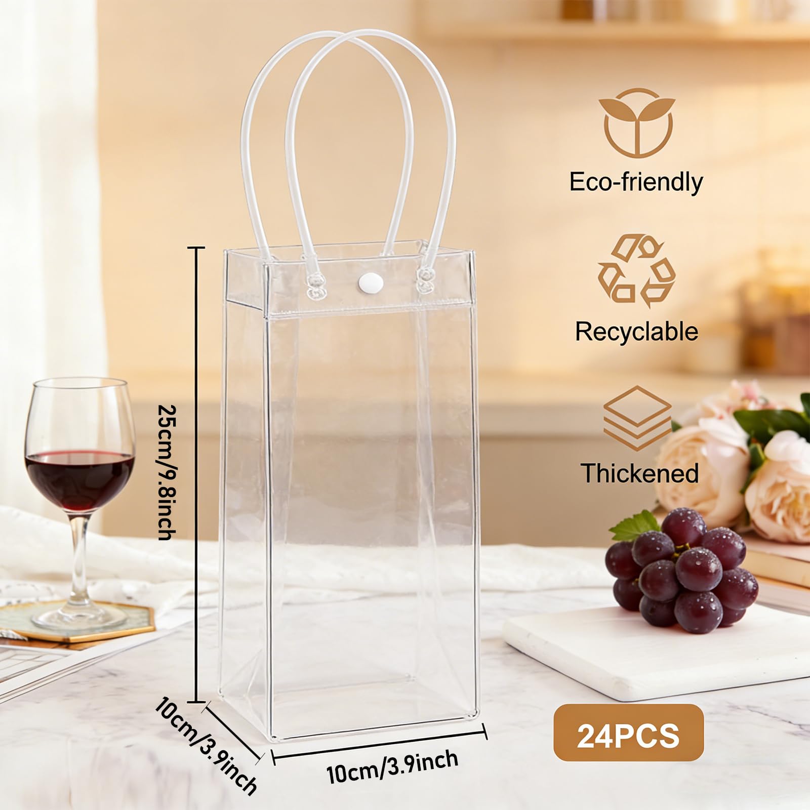 Lot de 24 refroidisseurs de bouteilles Ice Bag - 10 x 25 x 10 cm - Transparent - Sac à glace en PVC - Sac à glace anti-fuite avec poignée pour bière froide, vin, boissons, fête, extérieur