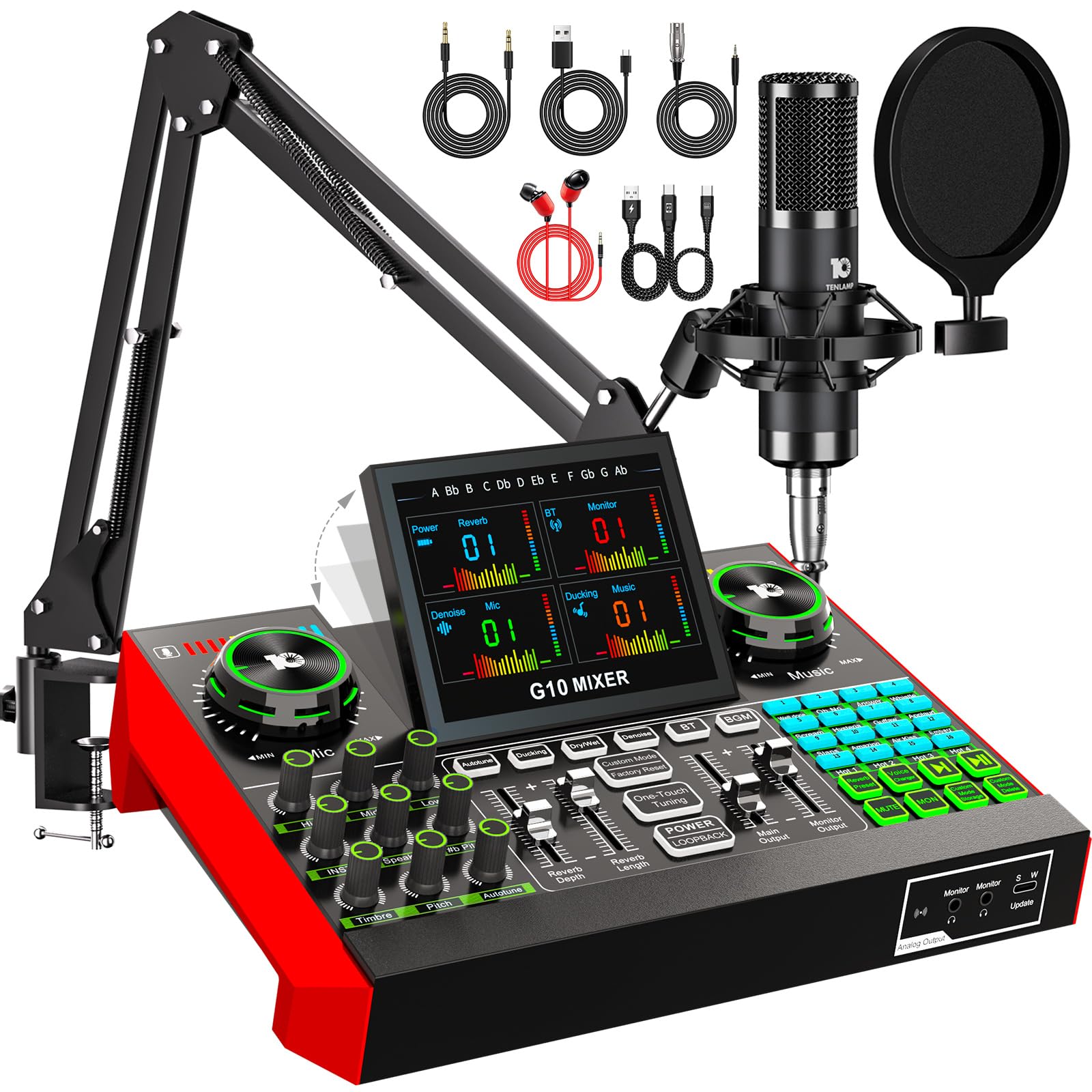 TENLAMP G10 Podcast-Equipment, Audio-Interface mit Soundeffekten, 3,5mm Kondensatormikrofon, Mikrofonarm, Latenzfreies Hardware-Autotune, Echtzeit-Monitoring, Rauschunterdrückung, für PC, Handy