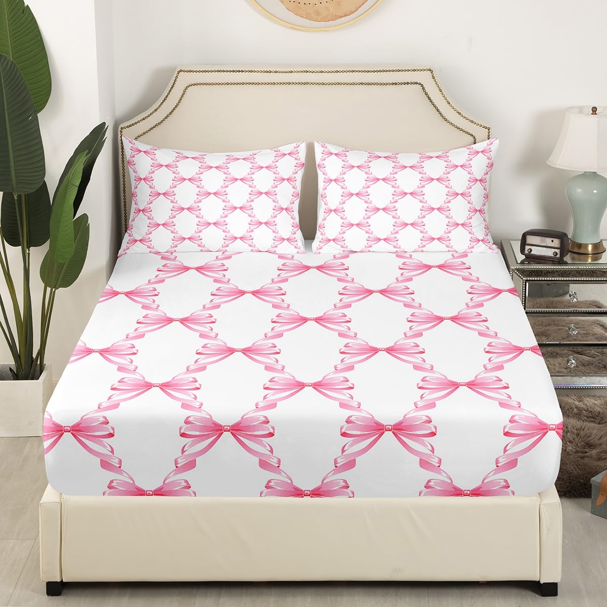 Homemissing Pink Bowknot Sheet Set for Girls Single Size Dreamy Princess Style Sheets with Deep Pocket Fitted Sheetative Cute Bow Fairy Tale Theme Girly Bed Sheets Set Geometric Bedding Set 3Pcs - Image 3