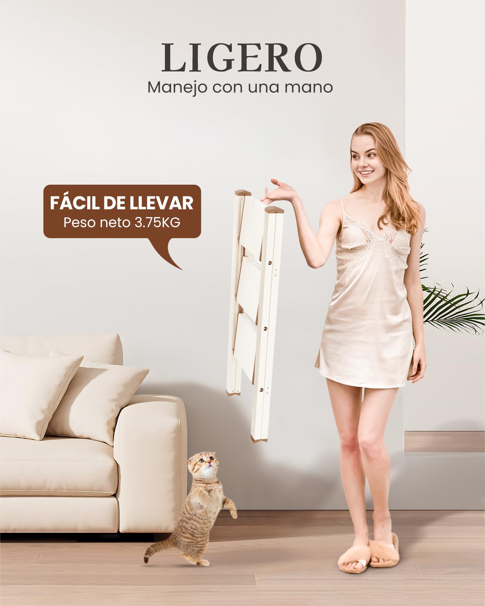 Escalera de 3 Peldaños, Taburete Plegable con Plataforma Ancha Antideslizante de Aluminio Ligero Pero Resistente, Carga Máxima 150 kg, Diseño Moderno para Espacios Domésticos Interiores