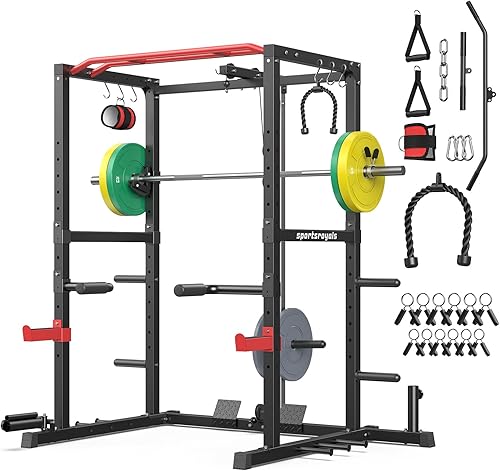 Miniatura 10 de Sportsroyals Jaula de Potencia, Rack de Potencia Multifuncional de 1600 libras con Sistema de Cruce de Cable Ajustable y Más Accesorios de Negro