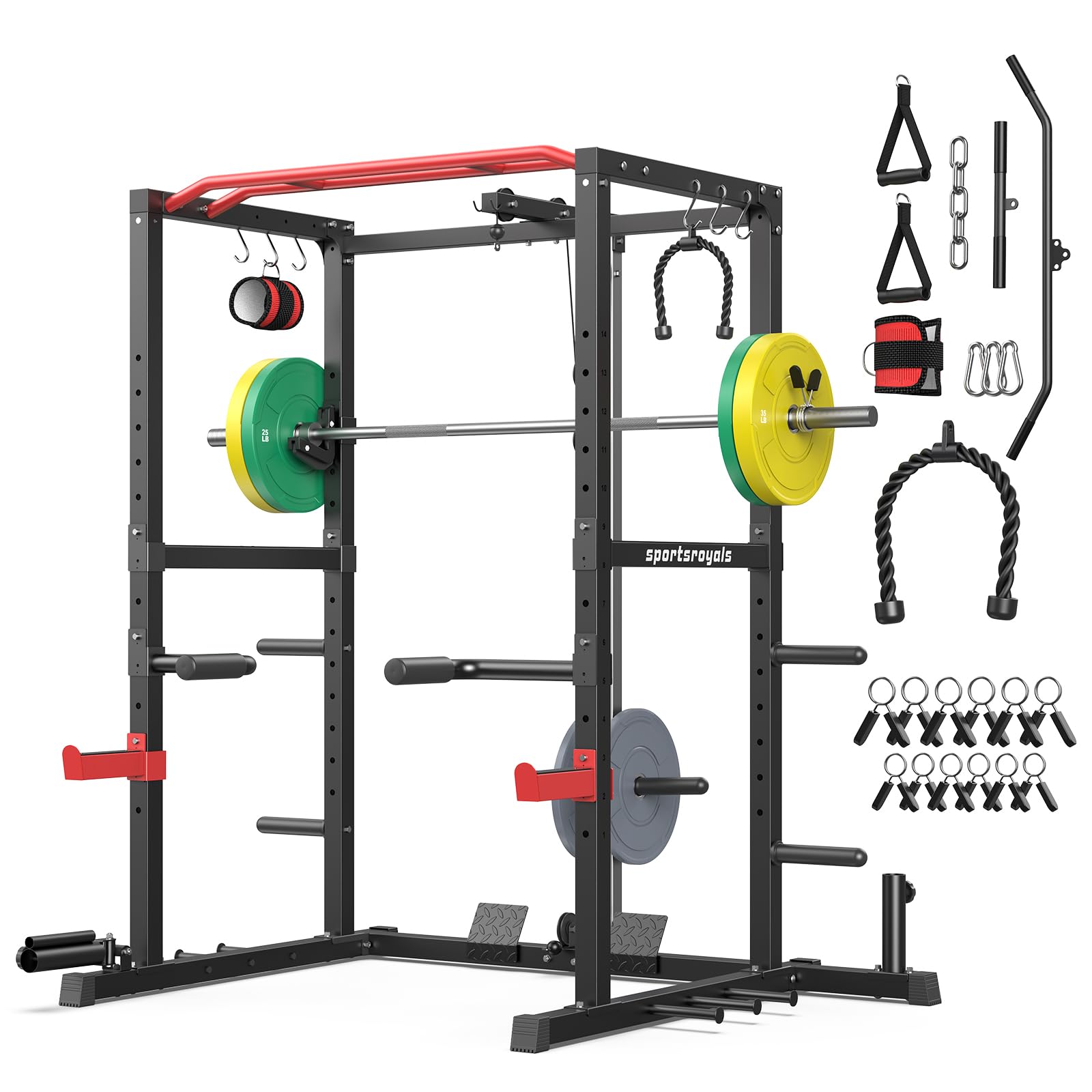 SPORTSROYALS Power Rack, Multi-Functional Power Cage, Squat Rack with Pulley System &amp; LAT Pull Down, Workout Cage with J Hooks for Home Gym