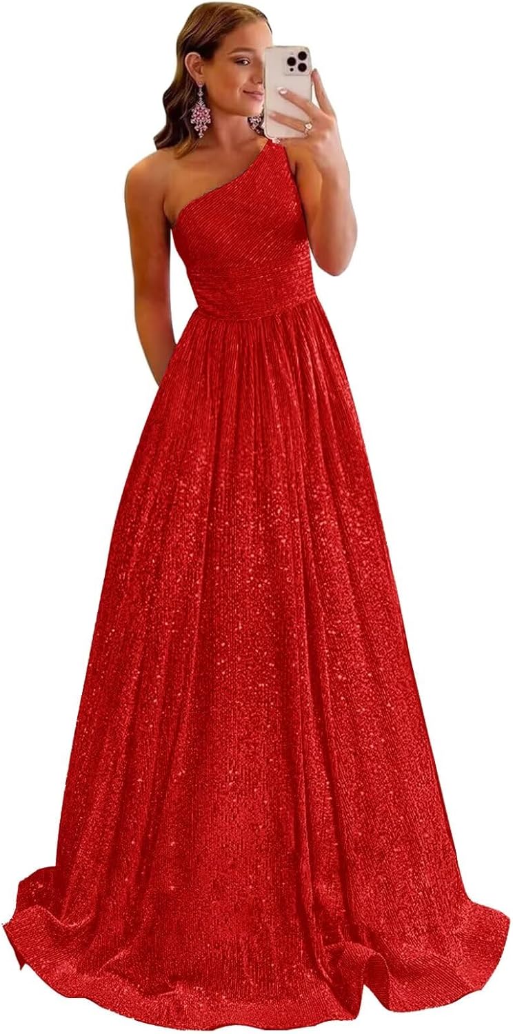 One Shoulder Sequin Prom Dress Sparkly A Line Formal Gowns Long Ball Gown with Pockets