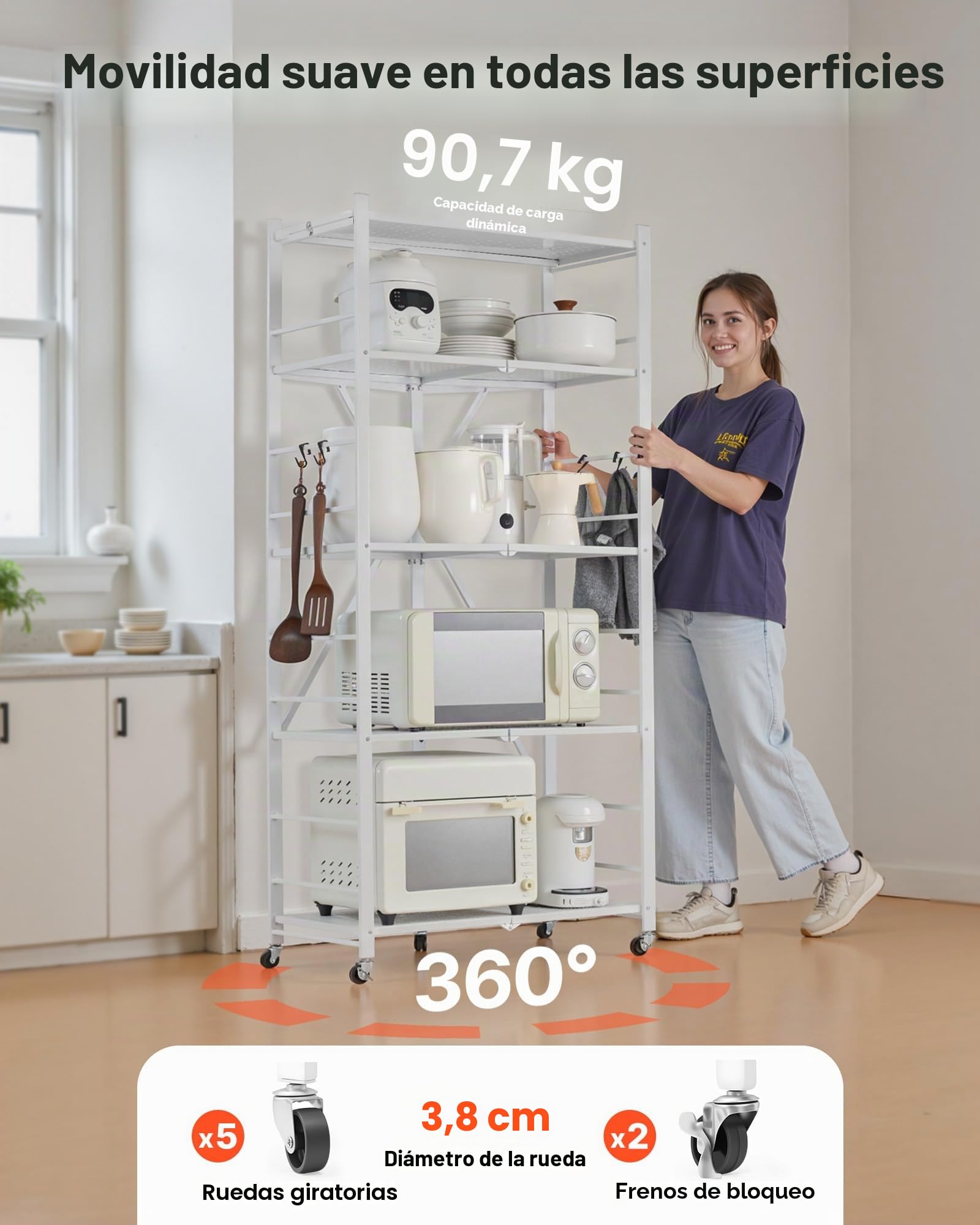 VEVOR Estante de Almacenamiento Plegable de 5 Niveles con Ruedas 71 x 38 x 163 cm Estantería Metálica Móvil Resistente, sin Necesidad de Ensamblaje, Organizador para Garaje, Cocina, Sótano, Blanco