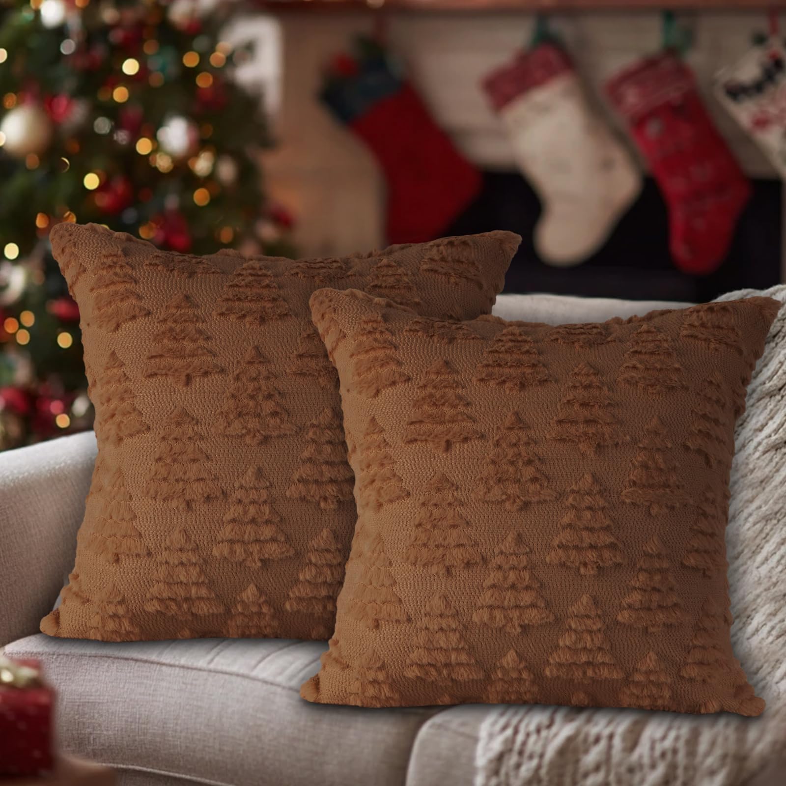 Lanpn Kissenbezug Weihnachten 45x45cm 2er Set Weihnachtsbaum Kissenbezüge Dekokissen Weihnachtskissen Plüsch für Büro Home Wohnzimmer Schlafzimmer Couch Bett Sofa Dekor Weihnachtsdeko (Braun)