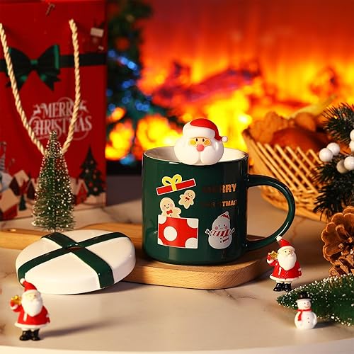 Miniatura 2 de Tazas de Navidad con tapa y cuchara, tazas de café de porcelana de Navidad, tazas de té de Papá Noel con caja de regalo para mujeres y hombres,