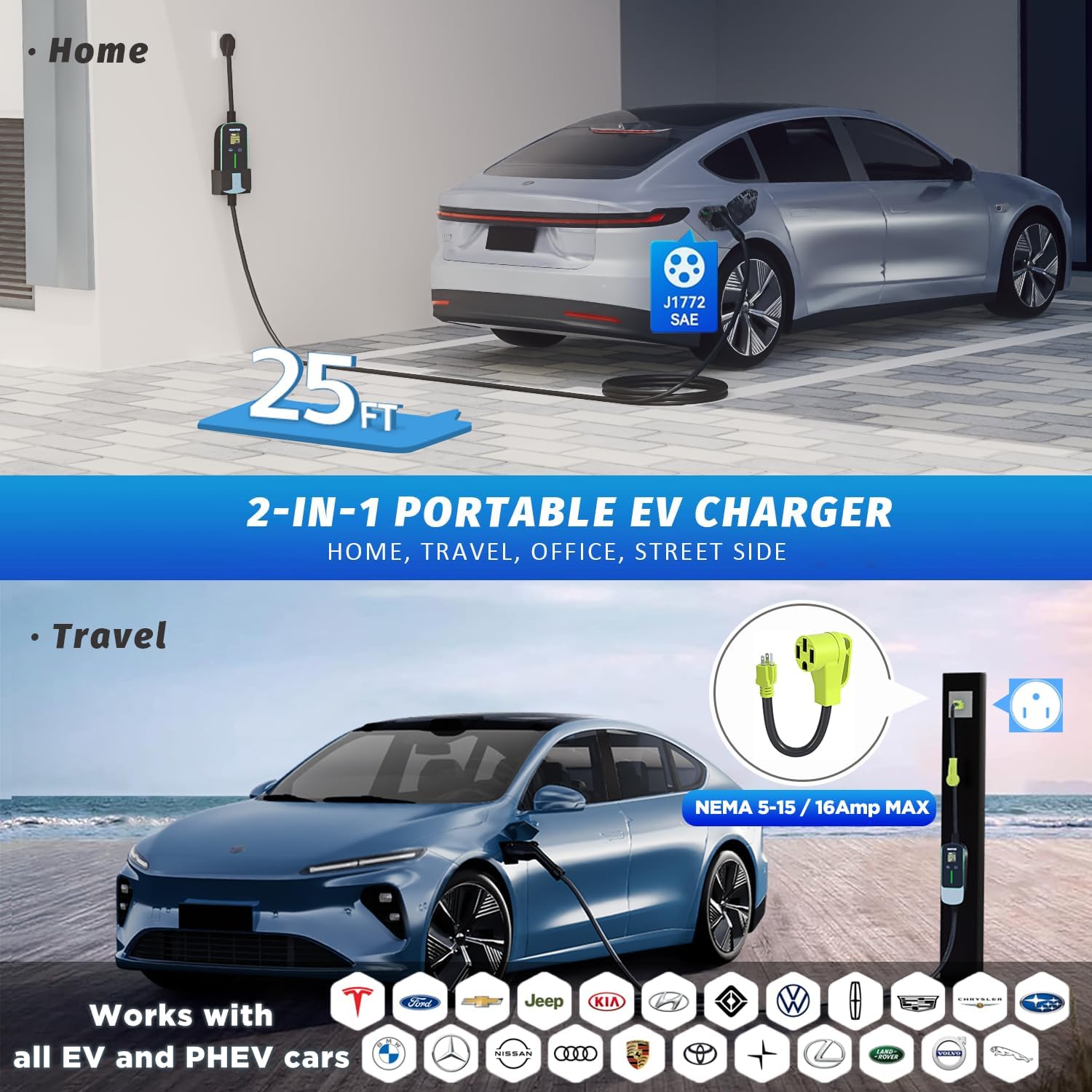 Level 2 EV Charger (J1772 & Tesla, 40A, 240V, 25FT, 9.68kw) Home/Travel Portable Electric Vehicle Charging Station,Adjustable Current/Timing Delay，Equipped with Smart APP