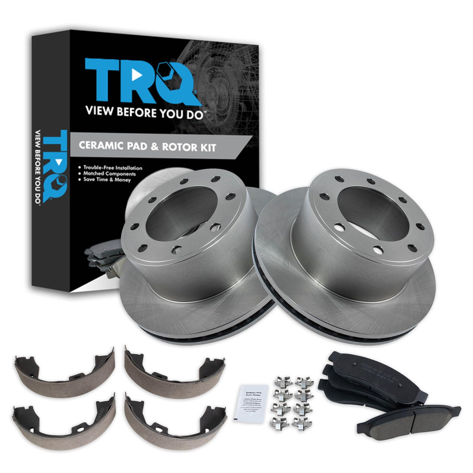 TRQ Rear Brake Pad &amp; Rotor Kit Parking Brake Shoe Set Ceramic Compatible with 2011-2012 Ford F-250 Super Duty F-350 Super Duty