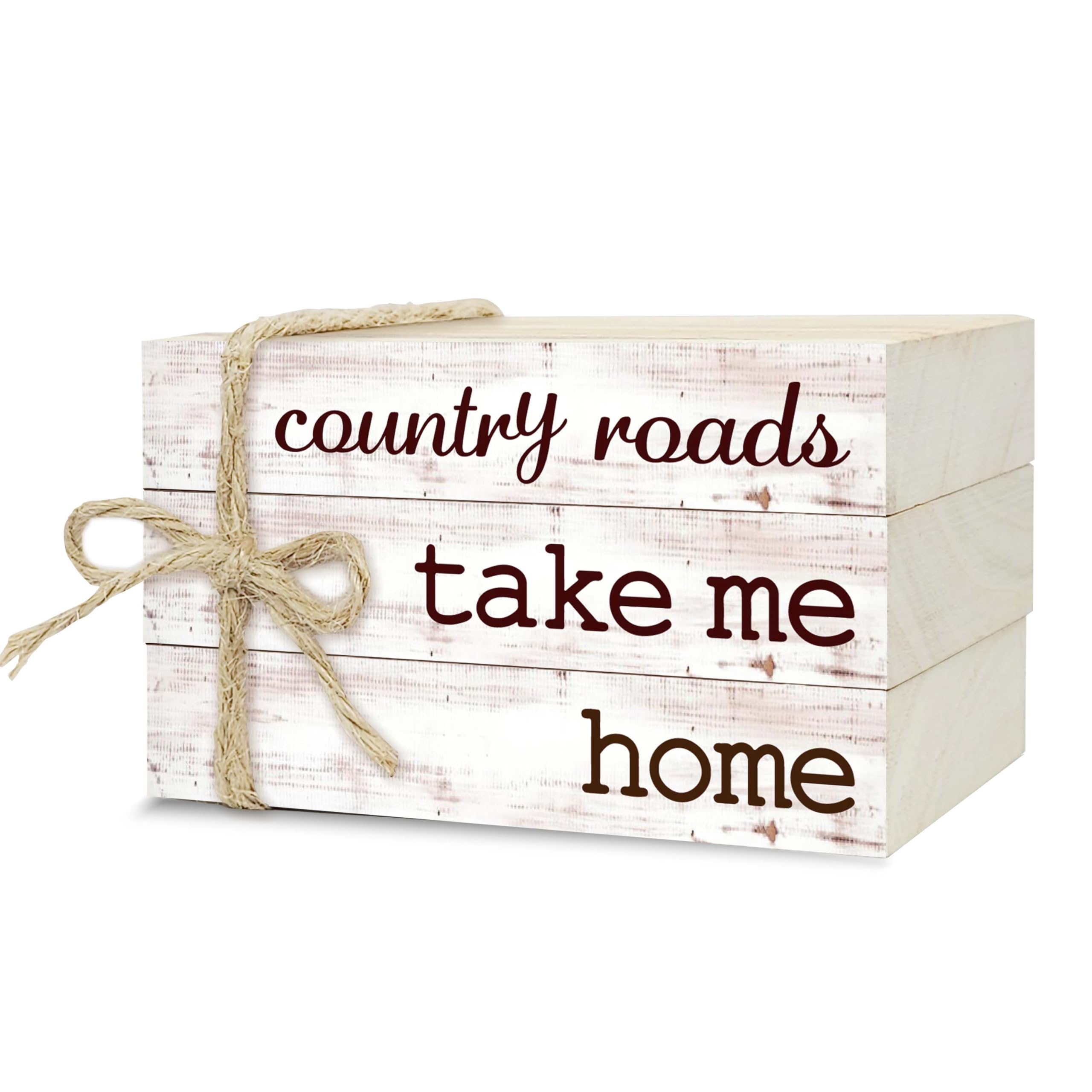 Decorative Books For Home Decor, Rustic Wood Book Stack For Table Decor, Country Roads Take Me Home Decor Books For Living Room Bookshelf, Farmhouse Stacked Boo