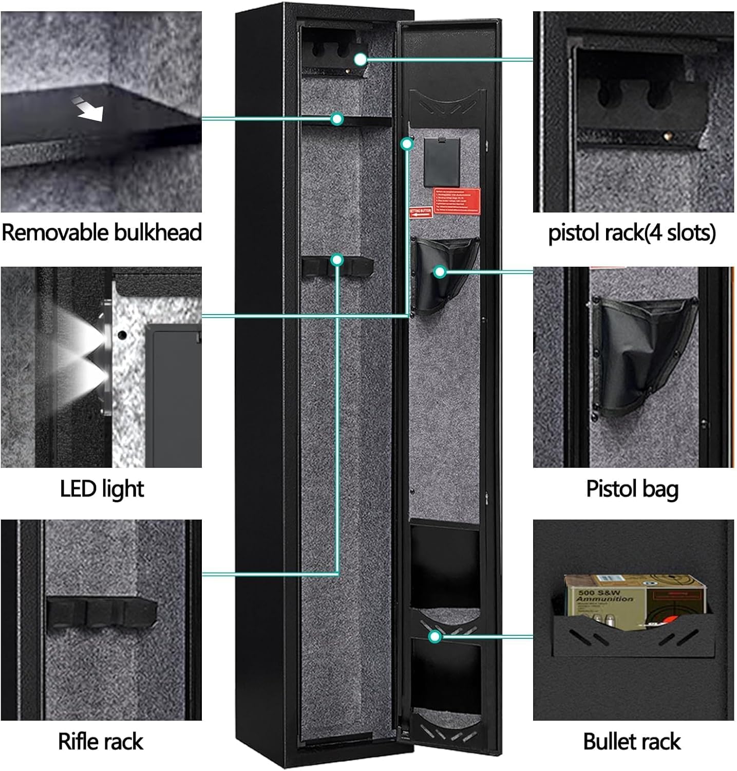 внутрішній view of the KAER 2-3 Gun Safe highlighting features like the removable bulkhead, pistol rack, LED light, pistol bag, rifle rack, and bullet rack.