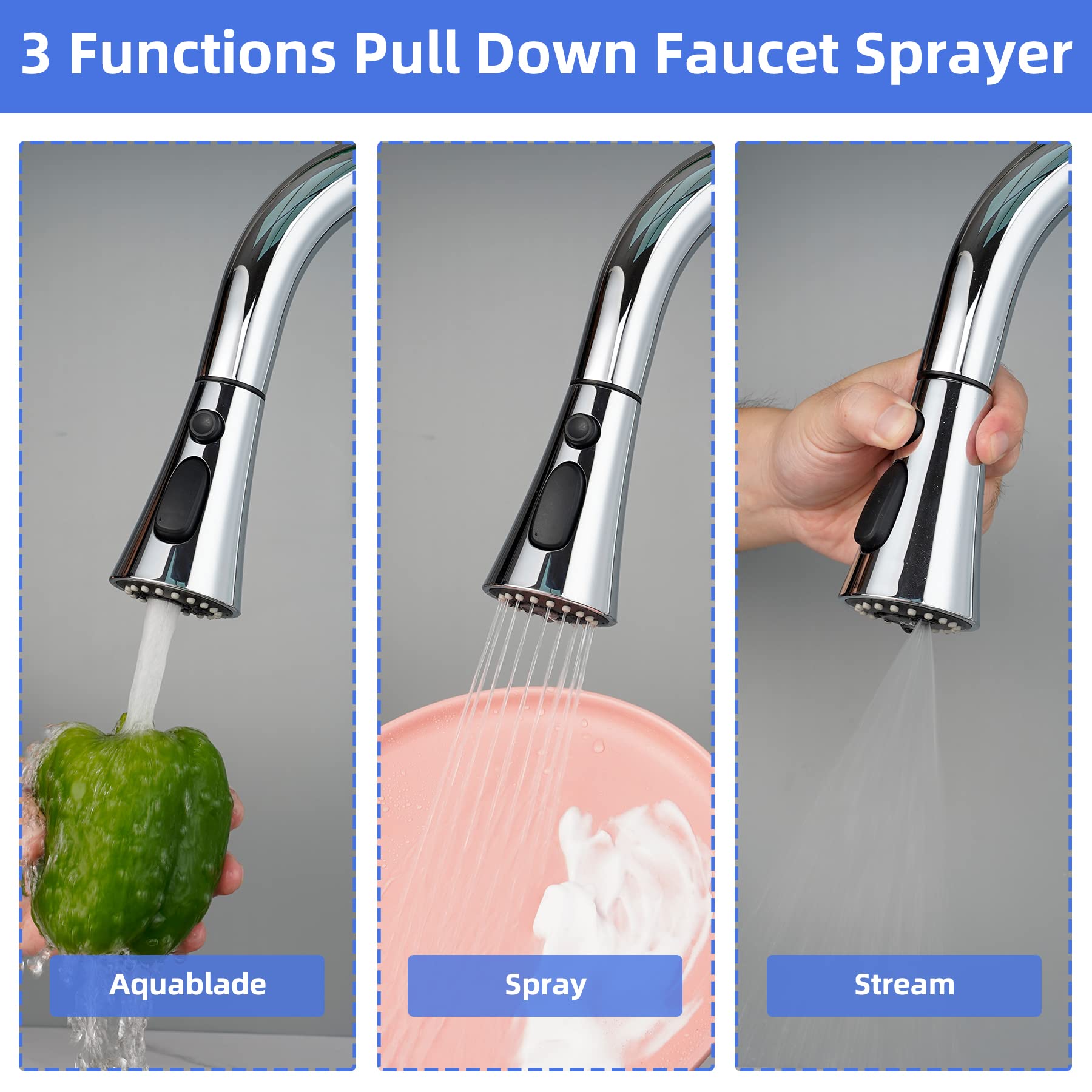 iFealClear Repuesto de cabezal de grifo de cocina, 3 modos de repuesto de cabezal de pulverización extraíble compatible con grifo de fregadero de cocina Moen Delta, 9 adaptadores disponibles, cromado