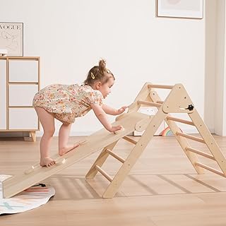 Upgraded Version Foldable Wooden Climbing Triangle with Sliding Ramp, 3 in 1 Pikler Triangle Climbing Toys for Toddlers, Kids Indoor Climbers & Gym Play Structures for 1-6 Years Old Boys Girls