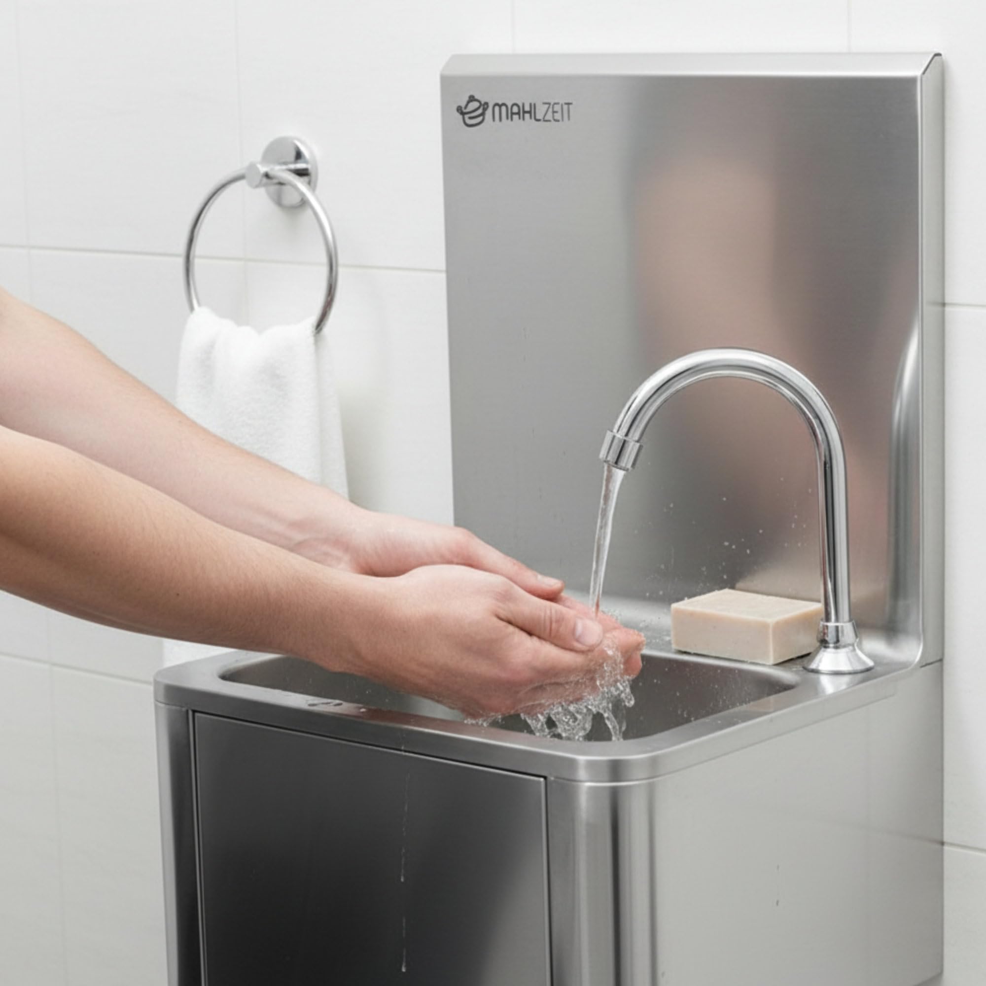 Mahlzeit Lavamani in acciaio inox con comando a ginocchio e distributore di sapone | Lavandino per il lavaggio igienico delle mani | Lavabo industriale, lavabo a parete per gastronomia, cucina e altro