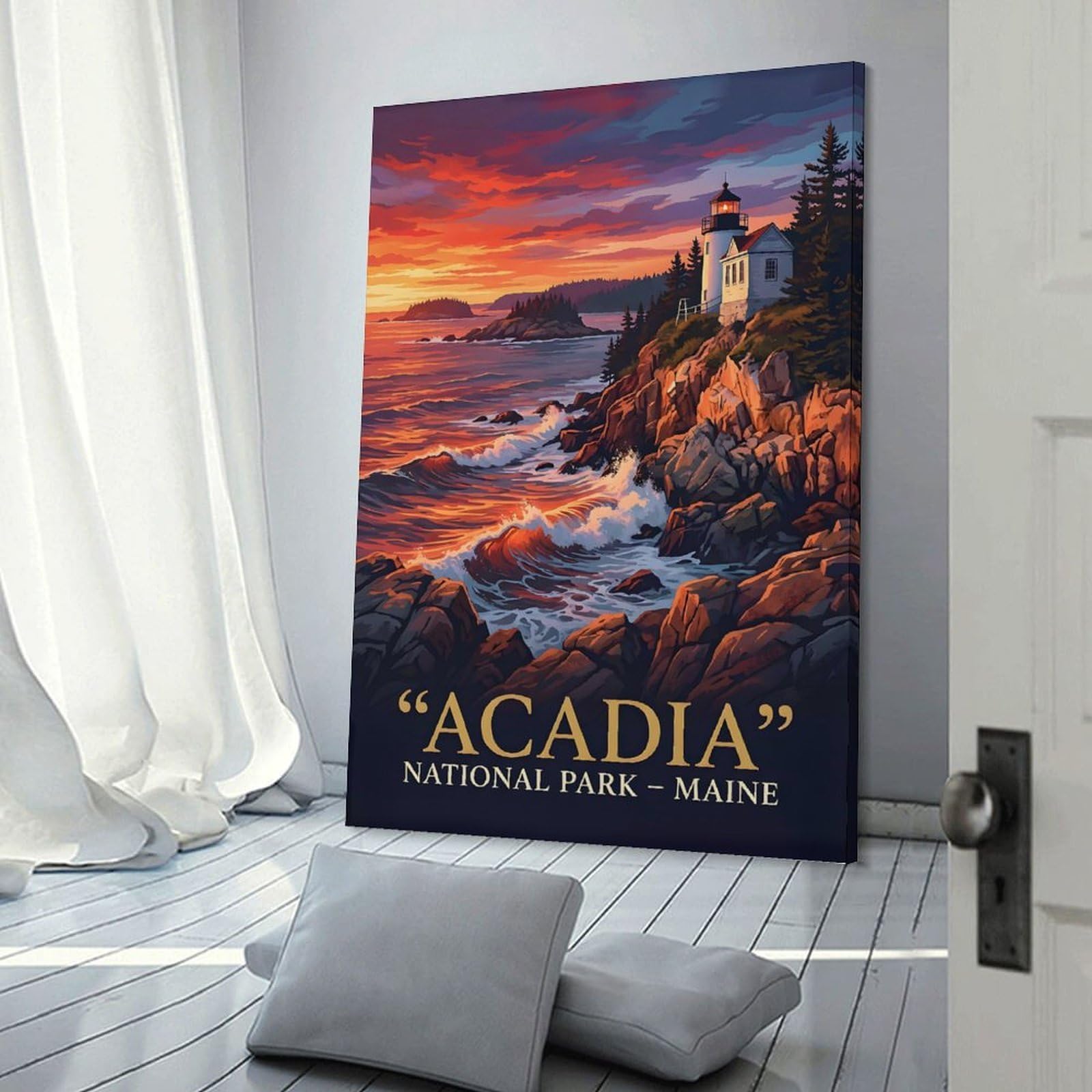 Junmoney Wall Decor Canvas Print Acadia National Park Lighthouse, 24x36inch(60x90cm), for Study, Office Or Focused Interiors, Wall Art That Adds Style to Work Areas