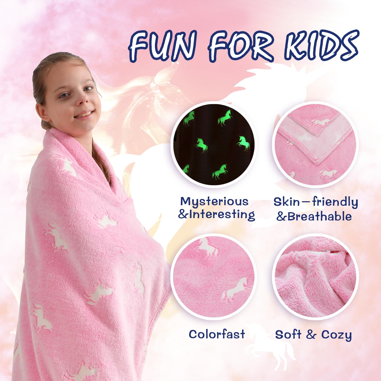SOCHOW Coperta di Pile Unicorno, Fluorescente Si Illumina al Buio Super Morbida Coperta, Coperta per Tutte Le Stagioni per Bambini 150 x 200 cm, Rosa