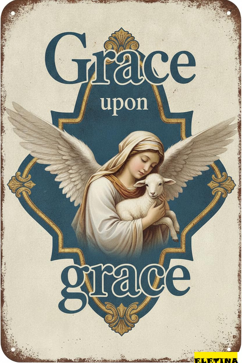 Grace Upon Grace Easter Bible Verse Nativity Scene Retro Aluminum Metal Sign Front Porch Kitchen 8x12in