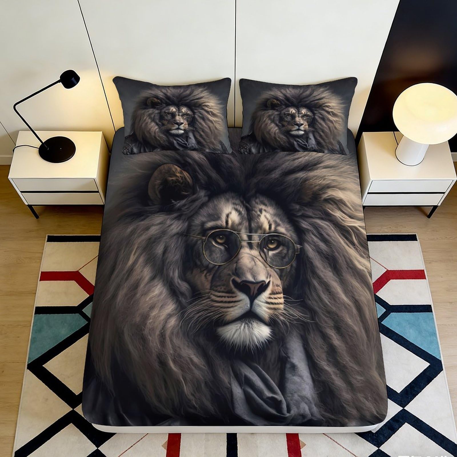 3D Printed Majestic Lion Fitted Sheet Microfiber Soft Animal King Bed Cover for Bedroom Guest Room Mattress Decor 90x200x25cm