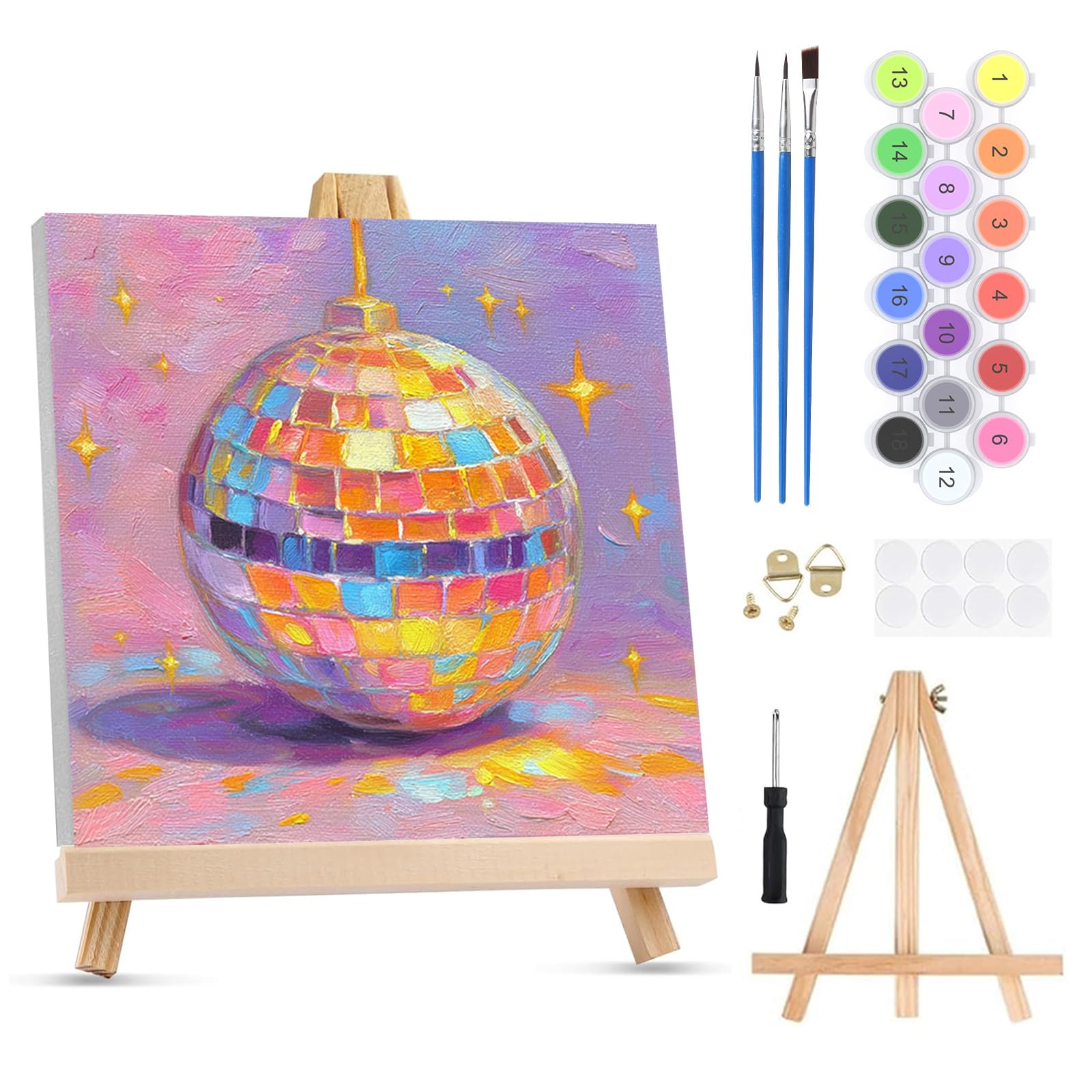 QENSPE Paint by Numbers for Adults on Framed Canvas - with Wooden Easel, Disco Ball Painting by Number Kit for Beginners, DIY Colored Acrylic Oil Painting for Home Wall Decor (8x8 inch)