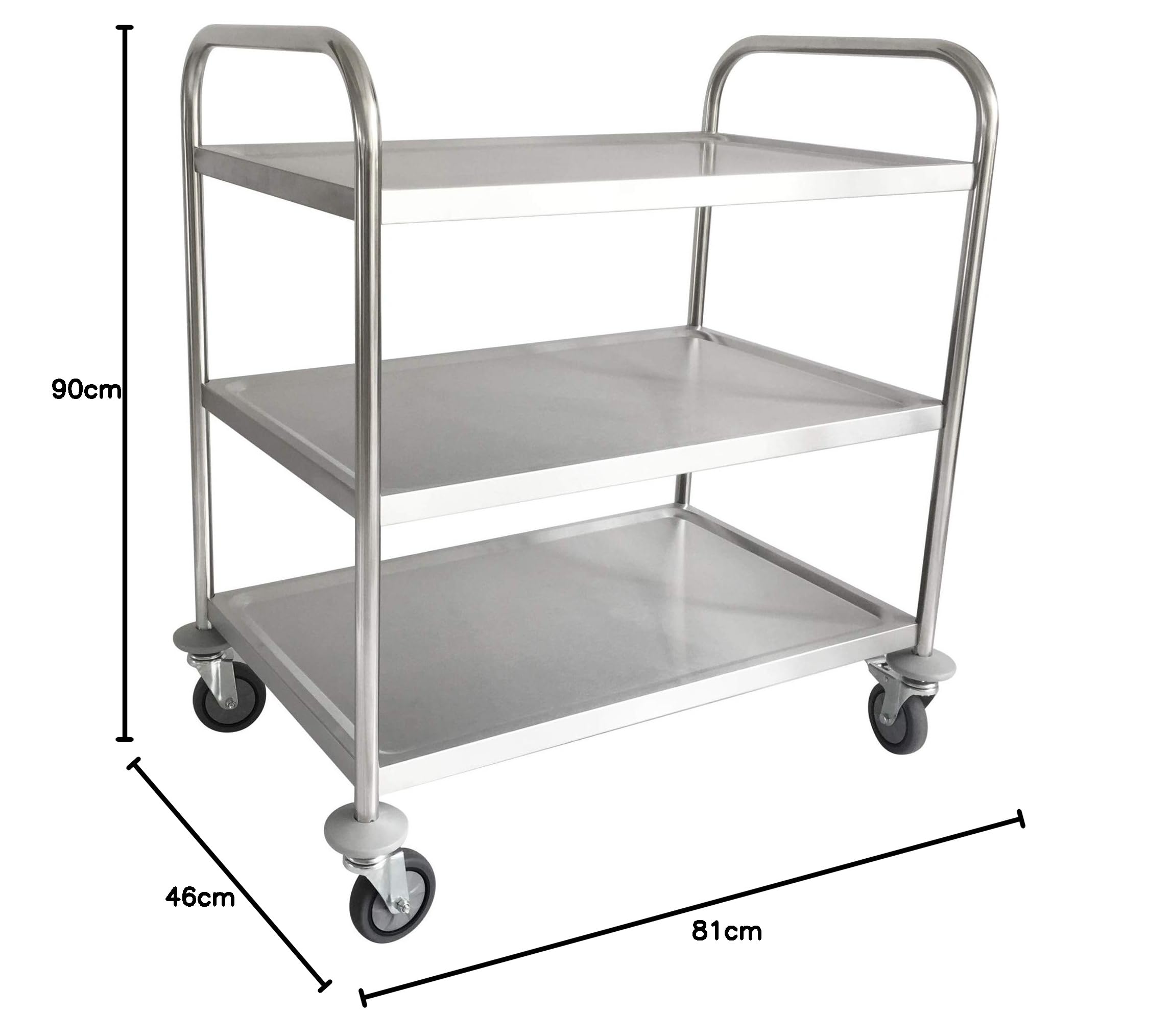 STIER Edelstahl-Servierwagen, 4 Lenkrollen, 810x460x900 mm, Tragfähigkeit bis 150 kg, Edelstahl, 3 Böden, Küchenwagen, Servicewagen besonders robust und hochwertig