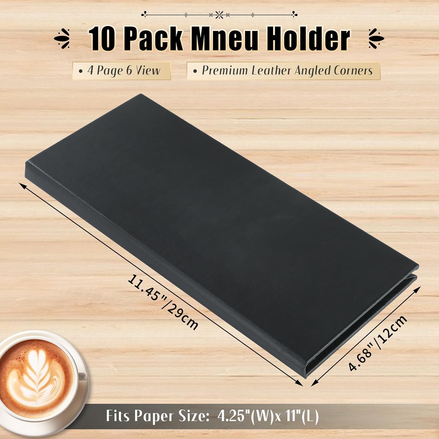 Restaurant Menu Covers Holders 4.25" x 11" | Pack of 10 Synthetic Leather Quad Fold Panels 6 View Angled Corners Black for Wine List, Drinks (10, Quad Fold Panels 6 View (4.25 x 11 inch))