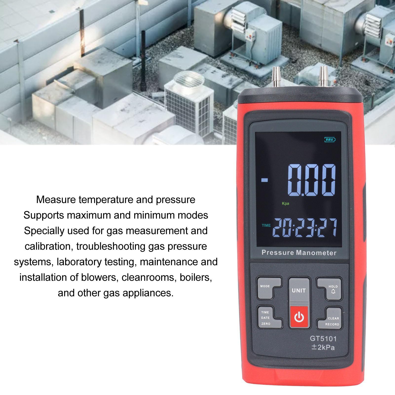 Manómetro Diferencial Digital 2KPa con Retroiluminación LCD Calderas HVAC Salas Blancas Calibración del de Gas Manómetro de Doble Función para Pruebas de Laboratorio Industrial