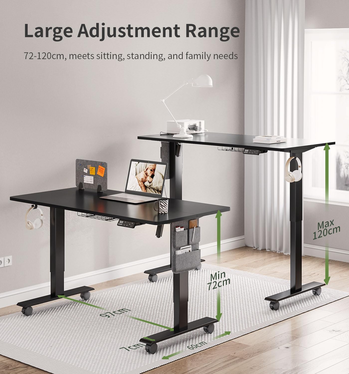 Two MAIDeSITe desks showing the minimum 72cm and maximum 120cm height adjustment range.