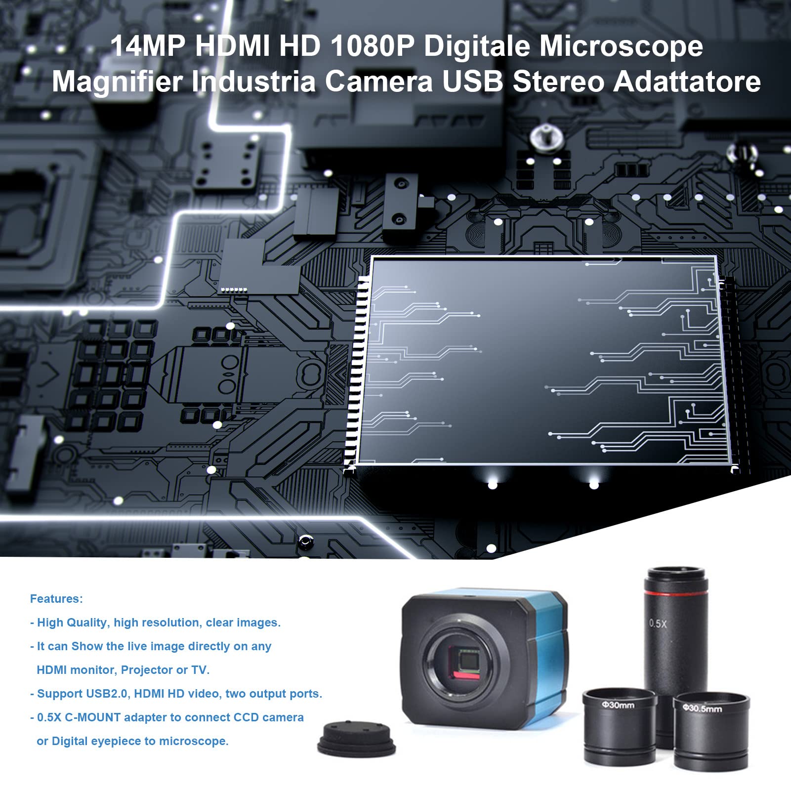 BuyWeek Cámara de Microscopio Digital Endoscopio de Aumento, 14MP HDMI HD 1080P Industrial con Adaptador de USB (Enchufe de la UE)