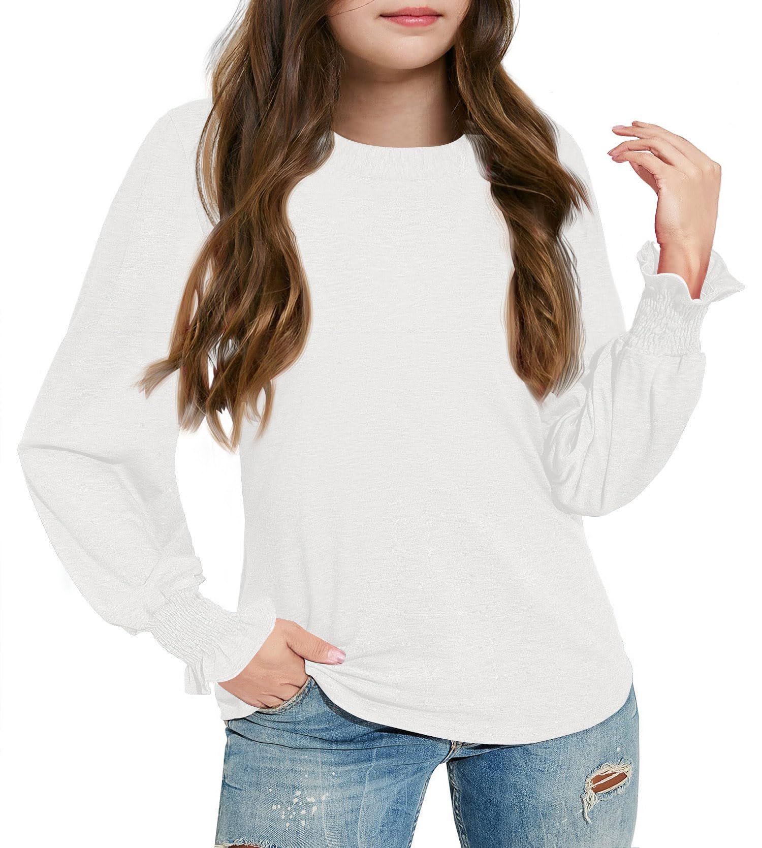 Haloumoning Camiseta de manga larga para niña, túnica, volantes, para el tiempo libre, cuello redondo, color liso, blusa suelta
