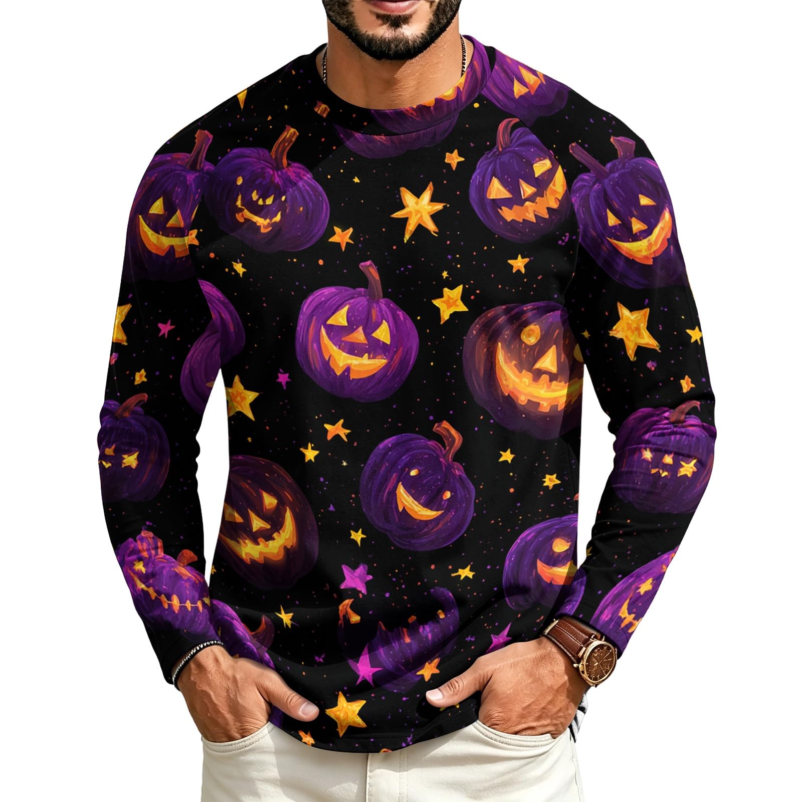 Halloween Crew Neck Shirts Costumes for Men Long Sleeve,03-Purple M — image 1