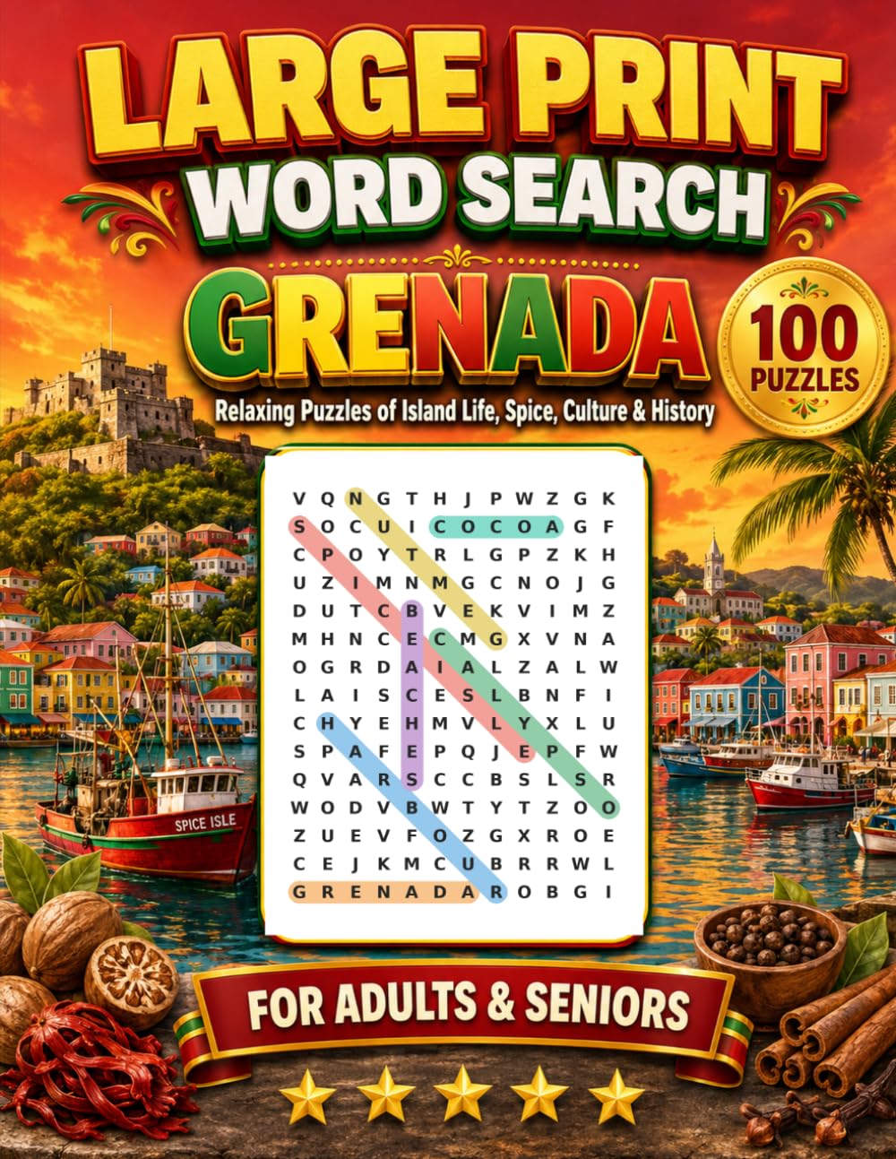 Large Print Word Search Grenada: 100 Relaxing Puzzles of Island Life, Spice, Culture & History for Adults & Seniors (Large Print Caribbean Word Search)