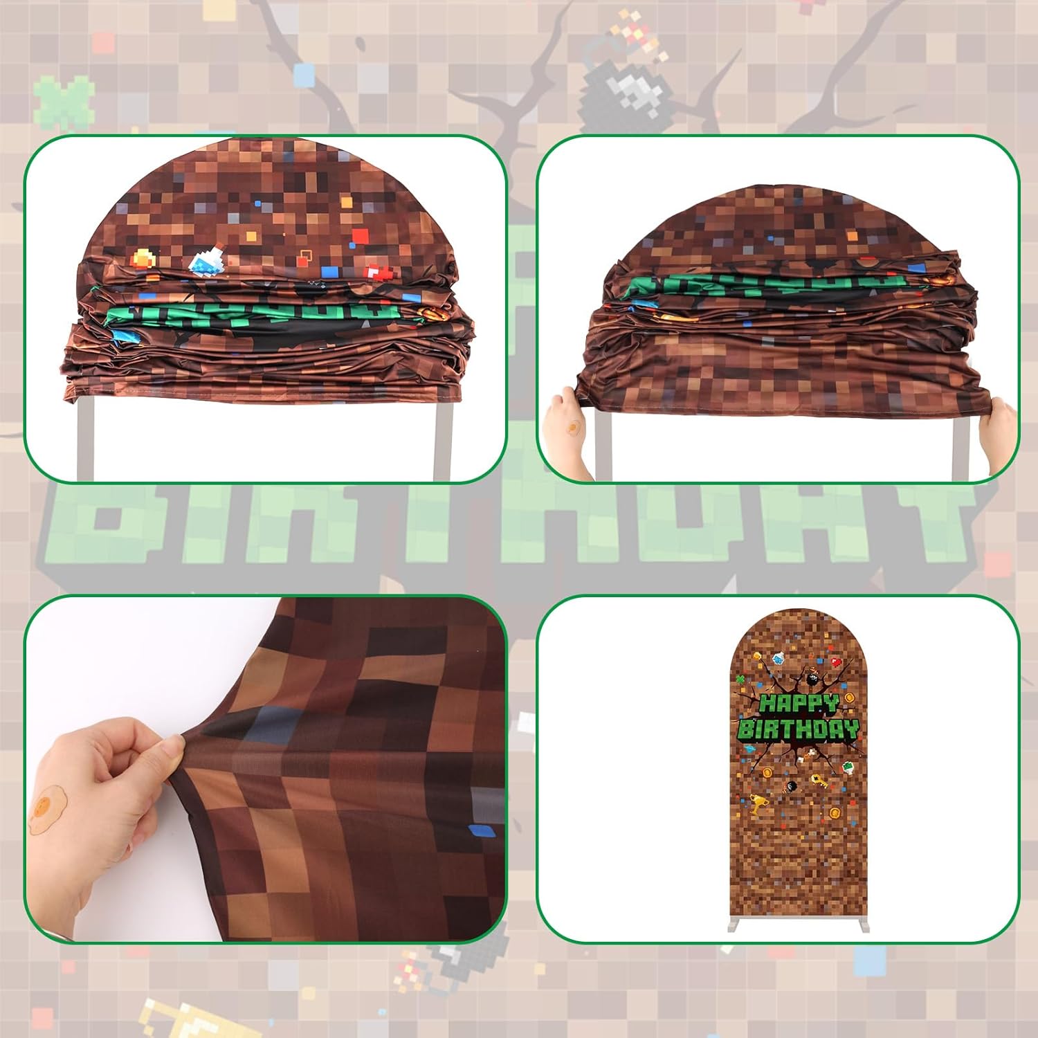 Pixel Arch Backdrop, 182x82cm/5.97x2.69ft Video Game Theme Happy Birthday Backdrop Pixel Arch Cover for Birthday Decorations Gaming Theme Party Favors Supply