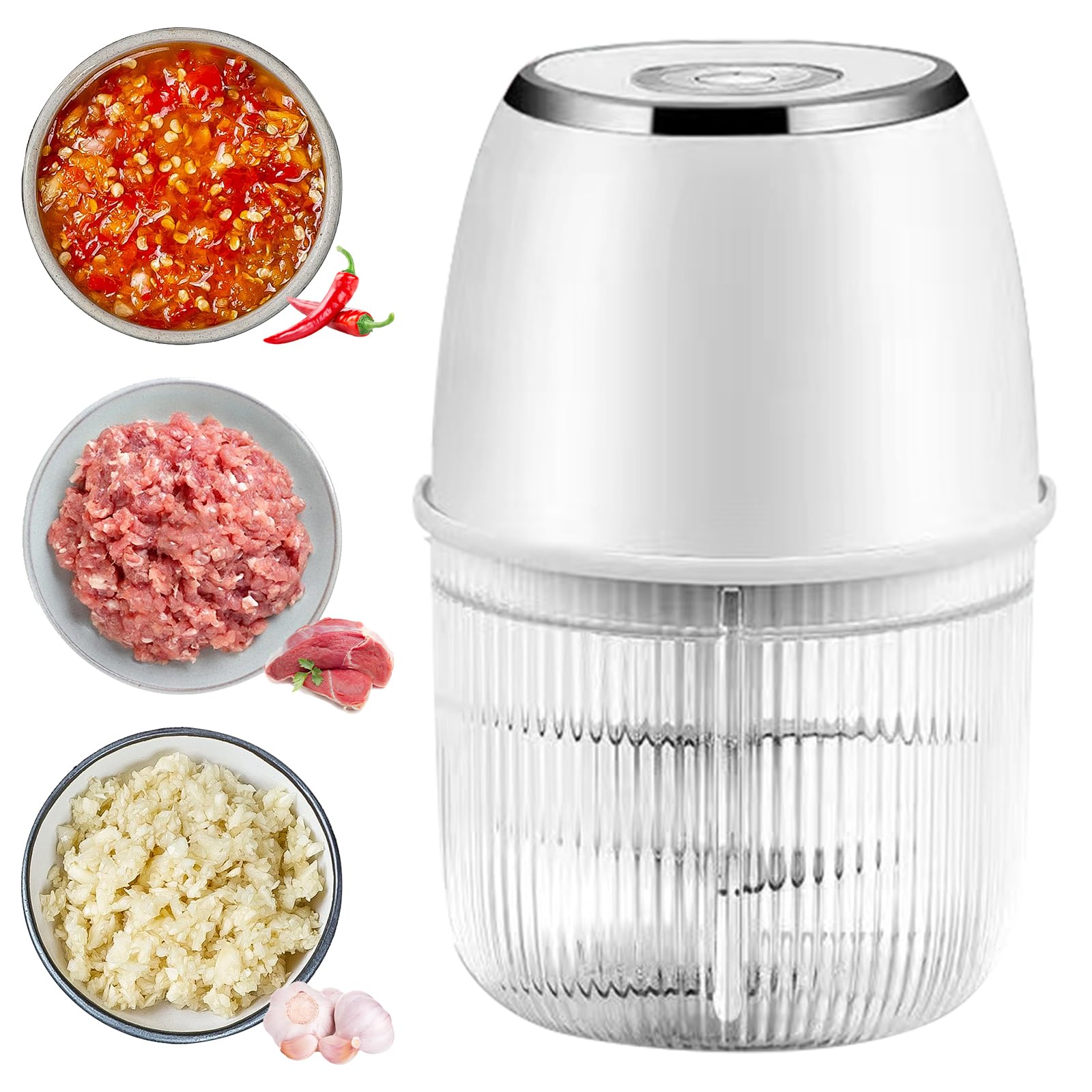 Elektrischer Küchenzerkleinerer, 350ML Zwiebelzerkleinerer Elektrisch, Tragbarer Mini-Zerkleinerer,Zwiebelschneider mit USB-Anschluss für Zwiebeln, Obst, Nüsse, Fleisch Knoblauch (Weiß)