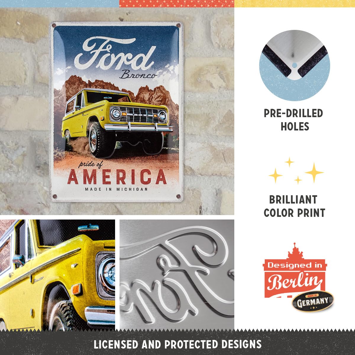Nostalgic-Art Blaszana tabliczka w stylu retro, 30 x 40 cm, Ford – Bronco Pride of America – pomysł na prezent dla fanów Forda, z metalu, design vintage