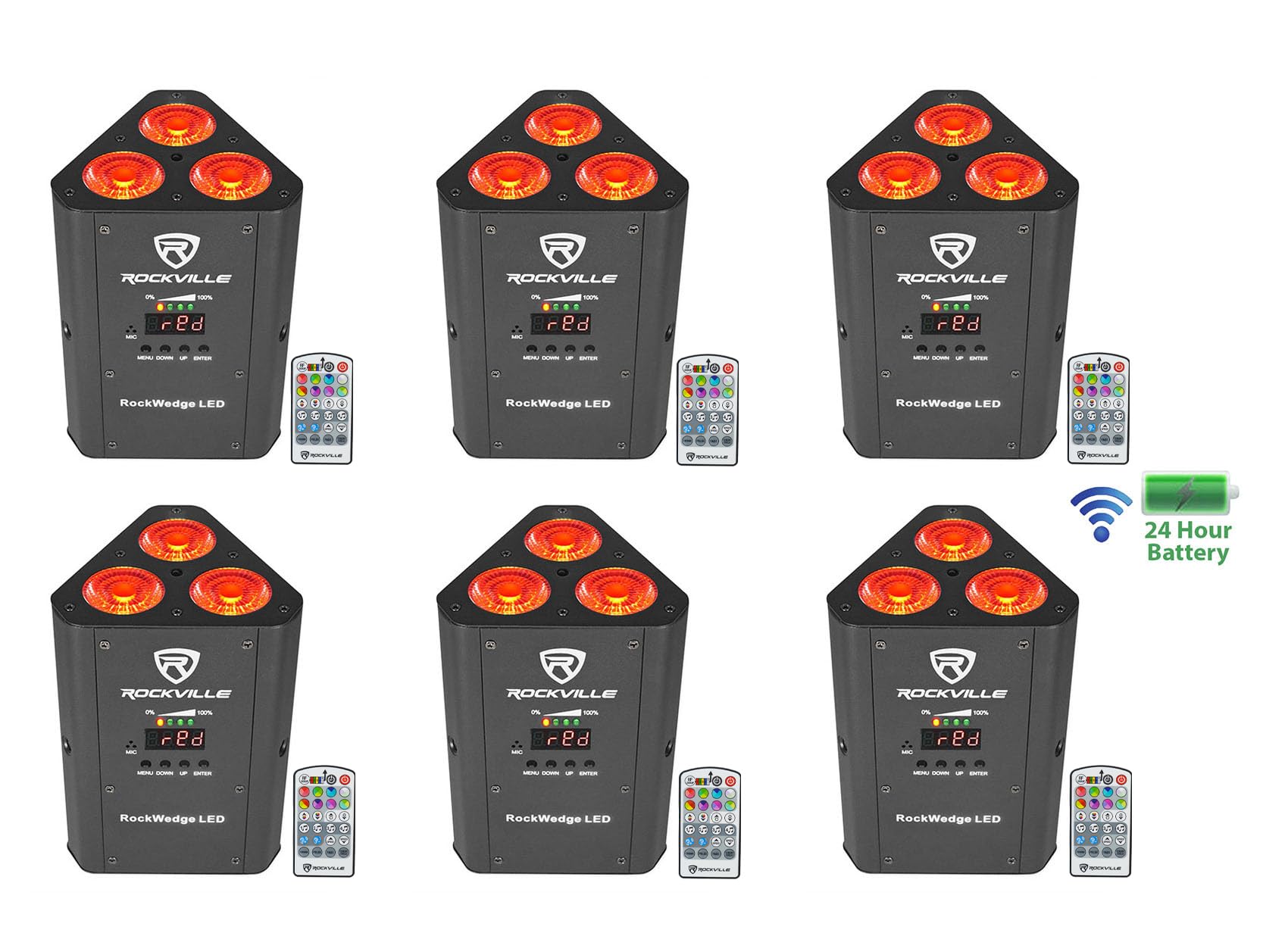 (6) Rockville RockWedge LED RGBWA+UV Rechargeable Wireless DMX DJ Par Up-Lights