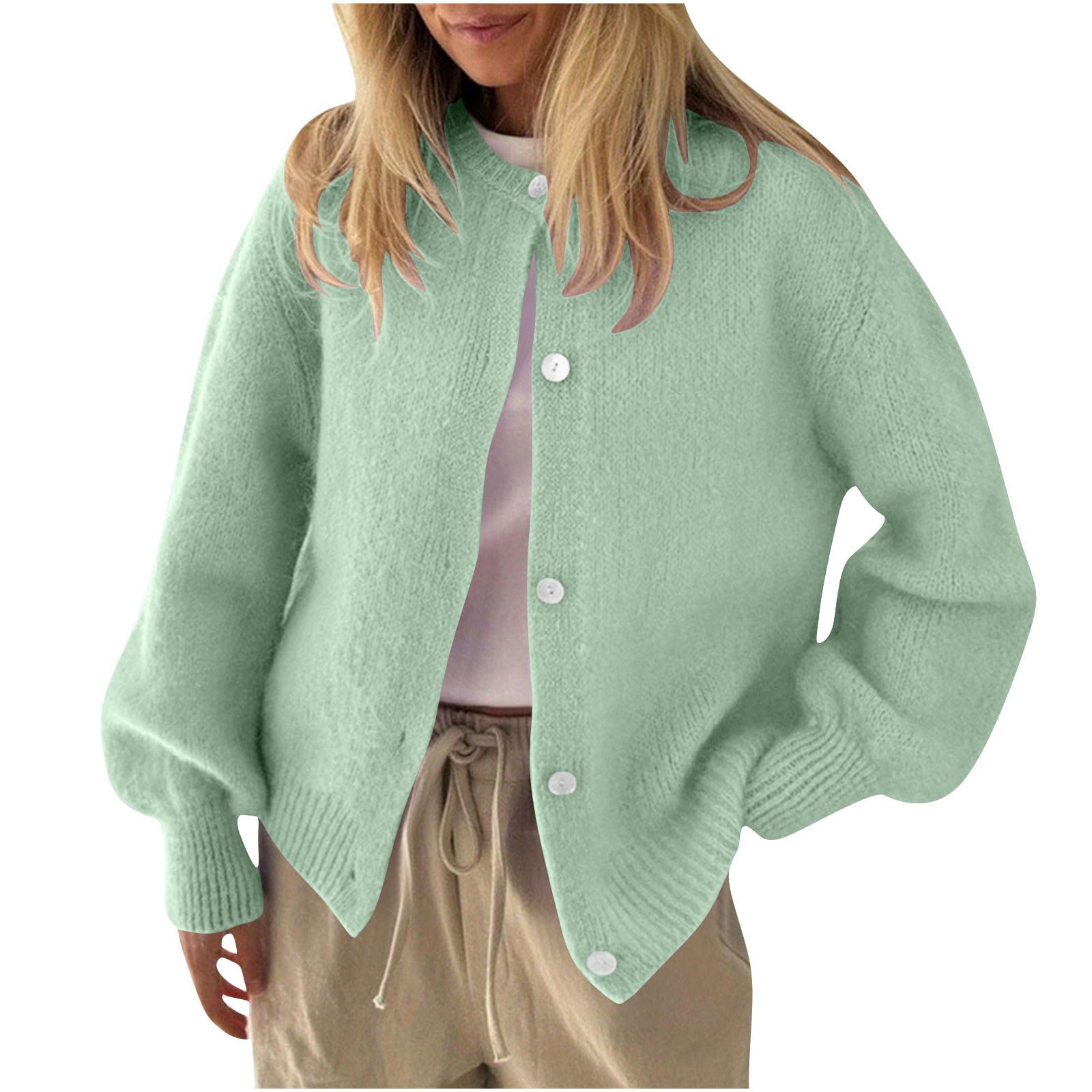 HGps8w Lantern Sleeve Sweater Cardigans for Women Elegant Open Front Button Down Knitted Jackets Cozy Loose Outerwear